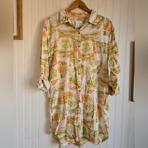 Cynthia Rowley Linen Blend Resortwear Shirt Dress Tropical Pattern Tunic